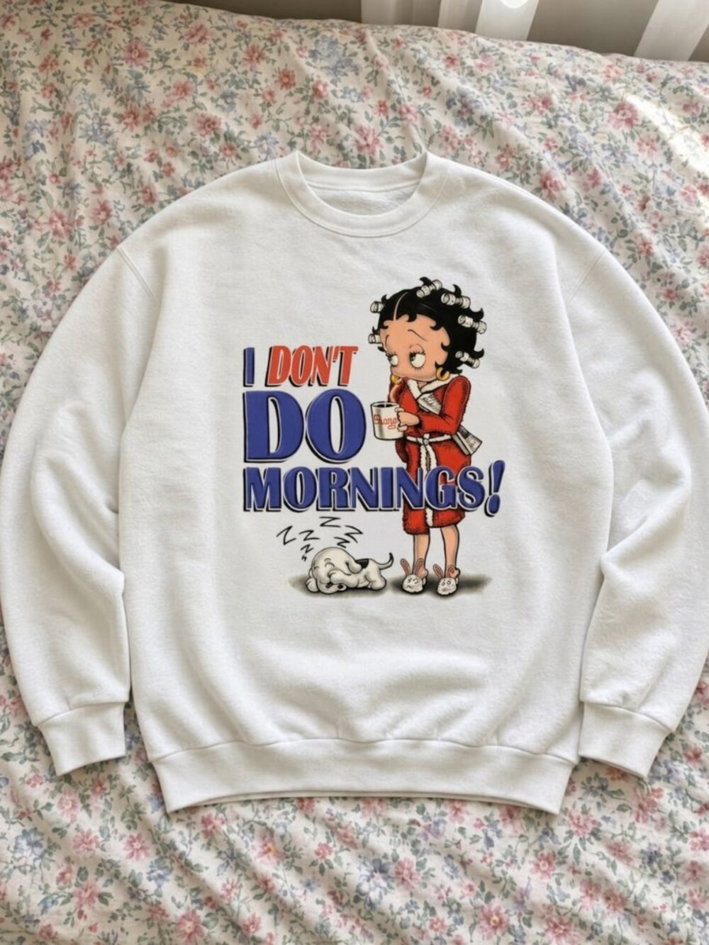 ☕ I Don't Do Mornings Sweatshirt White Cute Retro Cartoon Girl Coffee Crewneck